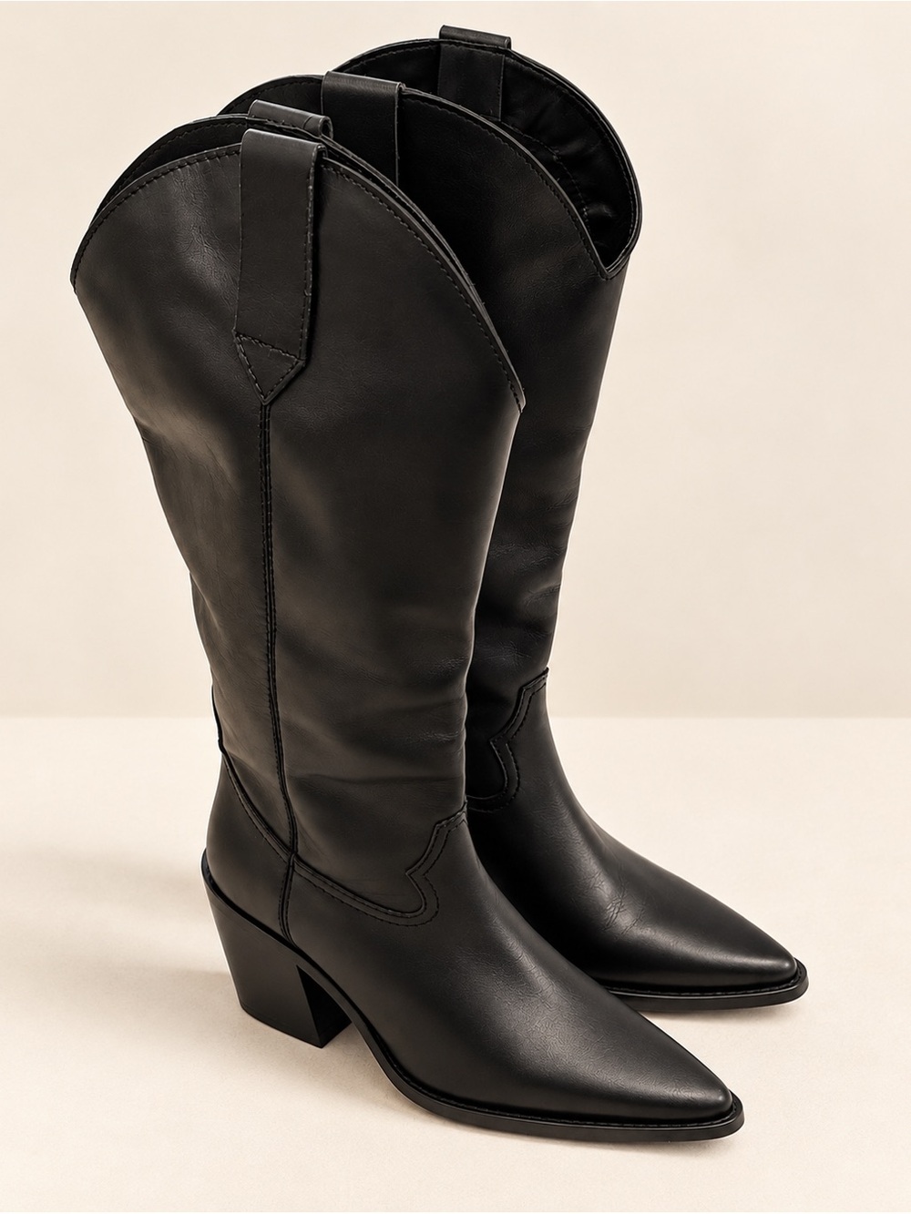 Mango Conway Black Leather Knee High Cowboy Western Boots EU 38 US 7.5